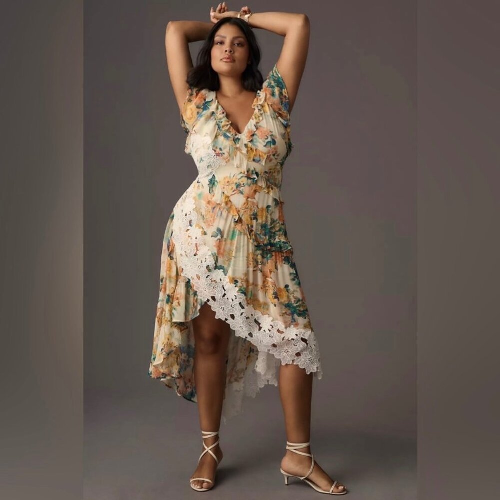 Anthropologie V-Neck Ruffle Floral Lace Slip Dress Size 2